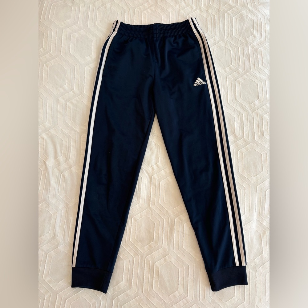 adidas Kids Navy Sport Pants with White Side Stripes